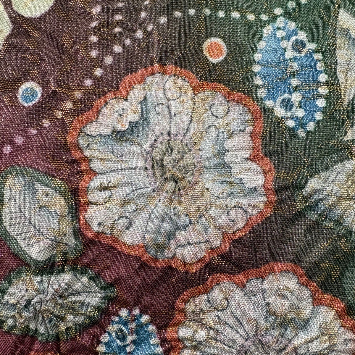 美品】 袋帯 名品 落款あり 辻が花 箔 灰緑 お太鼓柄 正絹｜中古・古着