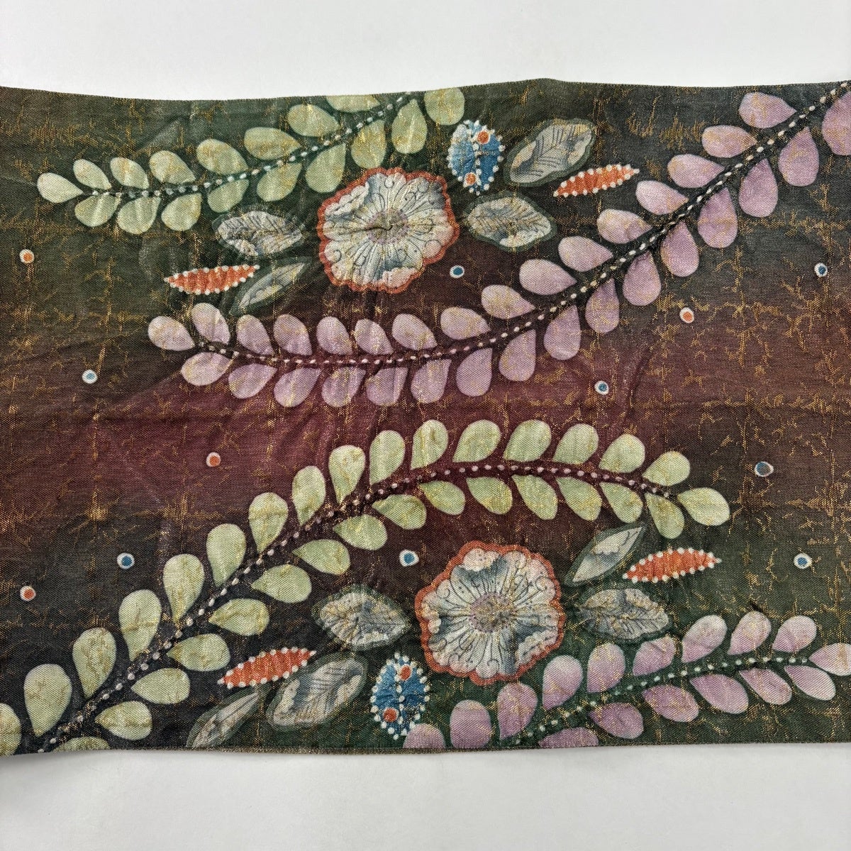 美品】 袋帯 名品 落款あり 辻が花 箔 灰緑 お太鼓柄 正絹｜中古・古着