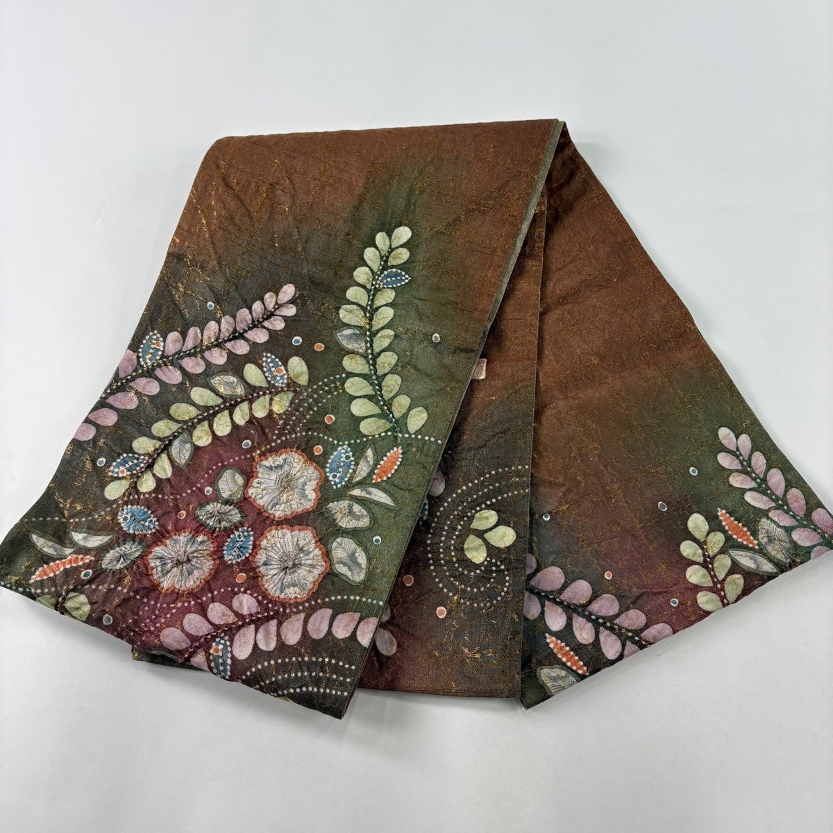 美品】 袋帯 名品 落款あり 辻が花 箔 灰緑 お太鼓柄 正絹｜中古・古着