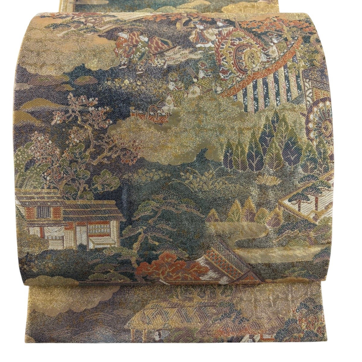 美品！24金プラチナ 源氏物語 帯 美品】 袋帯 名品 源氏物語絵巻大観 人物 本金箔 金糸 金色 六通 正絹