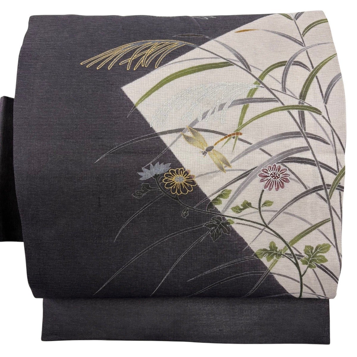 美品】 名古屋帯 名品 夏帯 紗 蜻蛉 ススキ 金銀彩 紫 正絹｜中古