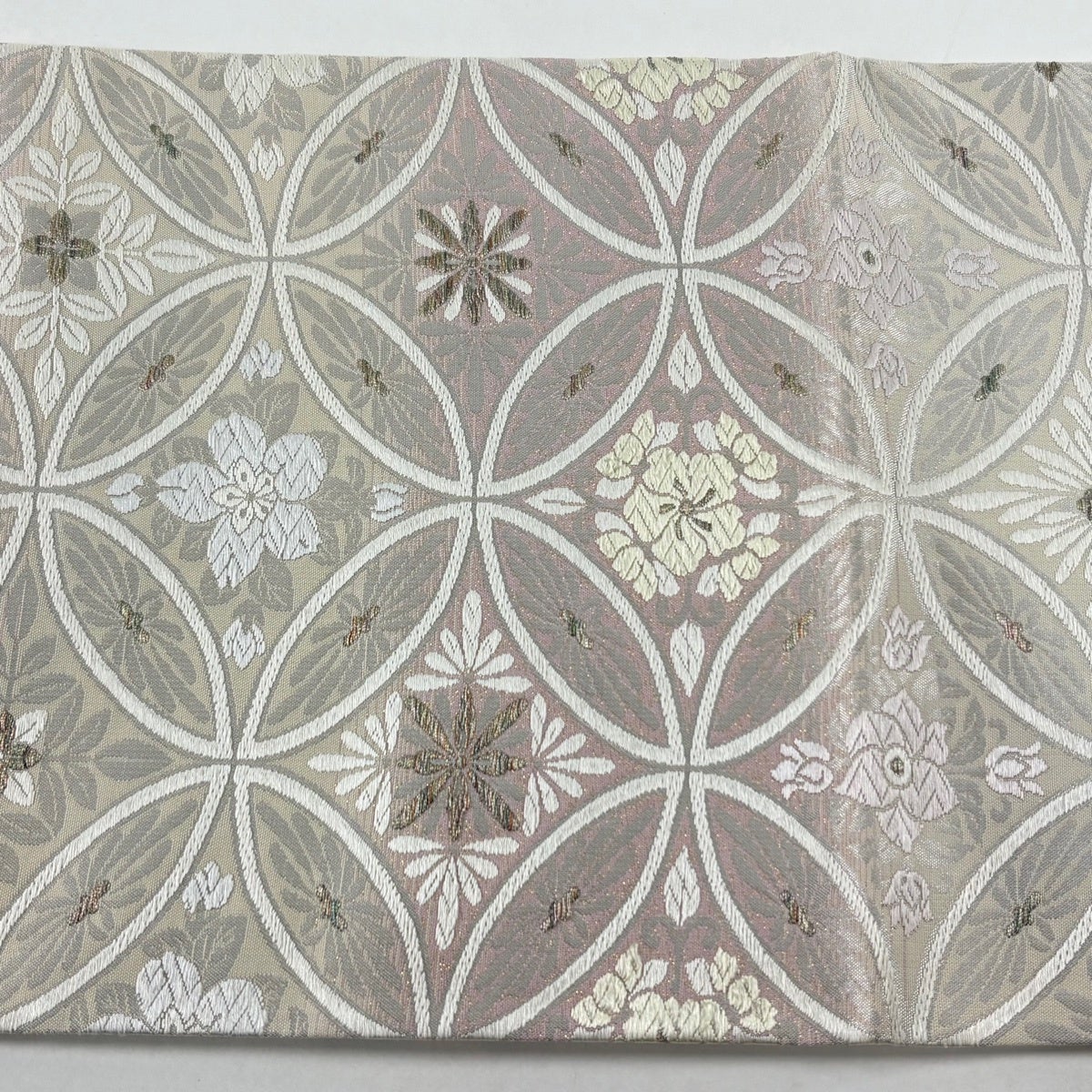 美品】 袋帯 名品 御印華文 皇 七宝華文 唐織 箔 ピンクベージュ 六通