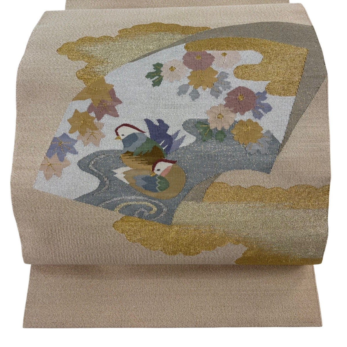 美品】 名古屋帯 名品 松葉仕立て 八寸名古屋帯 鴛鴦 扇面 金銀糸
