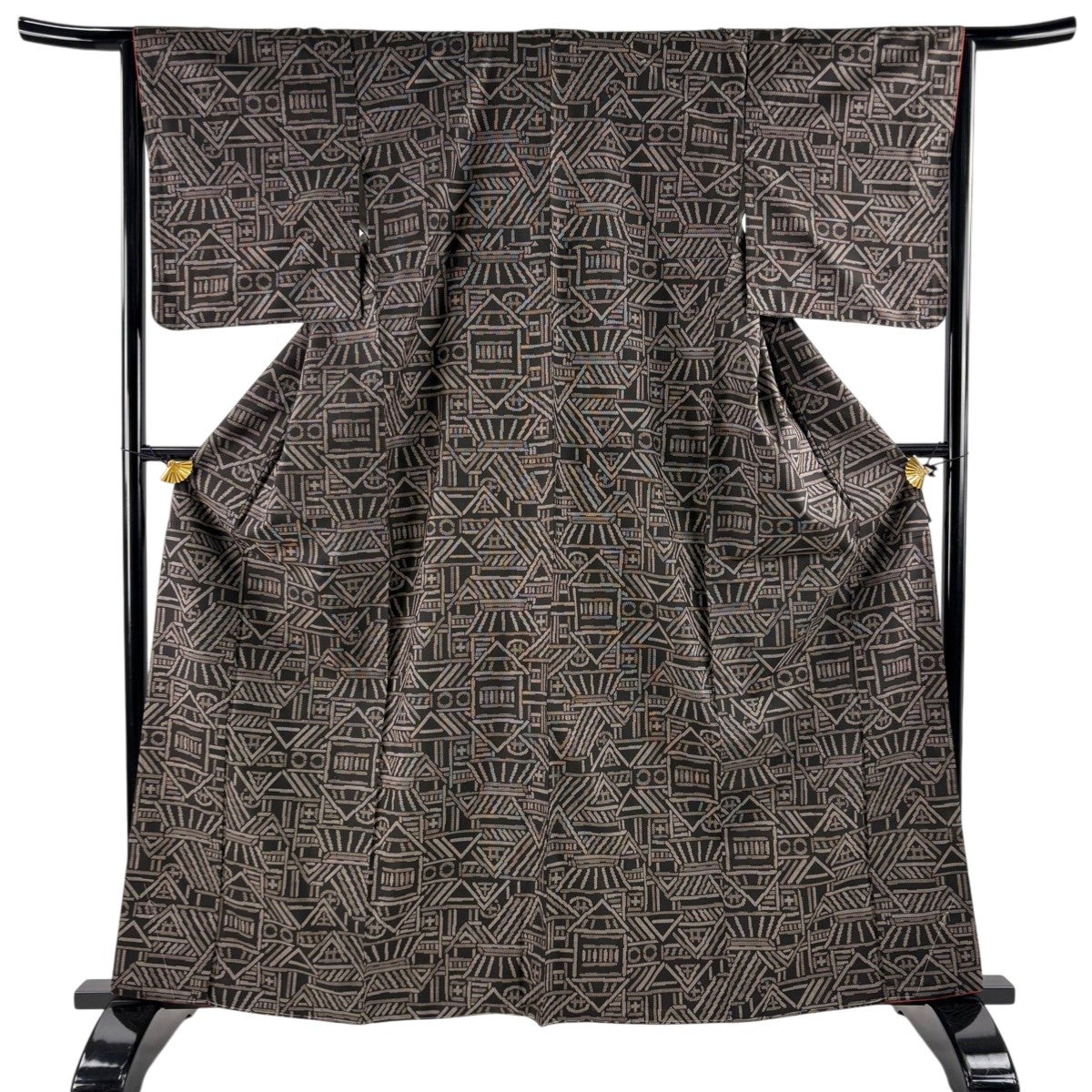 小紋 身丈160.5cm 裄丈67.5cm L 袷 紬地 草花 霞 絞り 小豆色