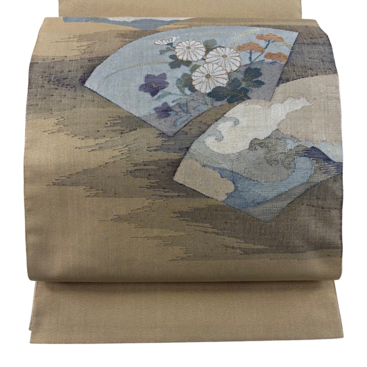 在庫一掃】 【美品】 袋帯 秀品 扇面 菊 金糸 薄黄土色 お太鼓柄 正絹