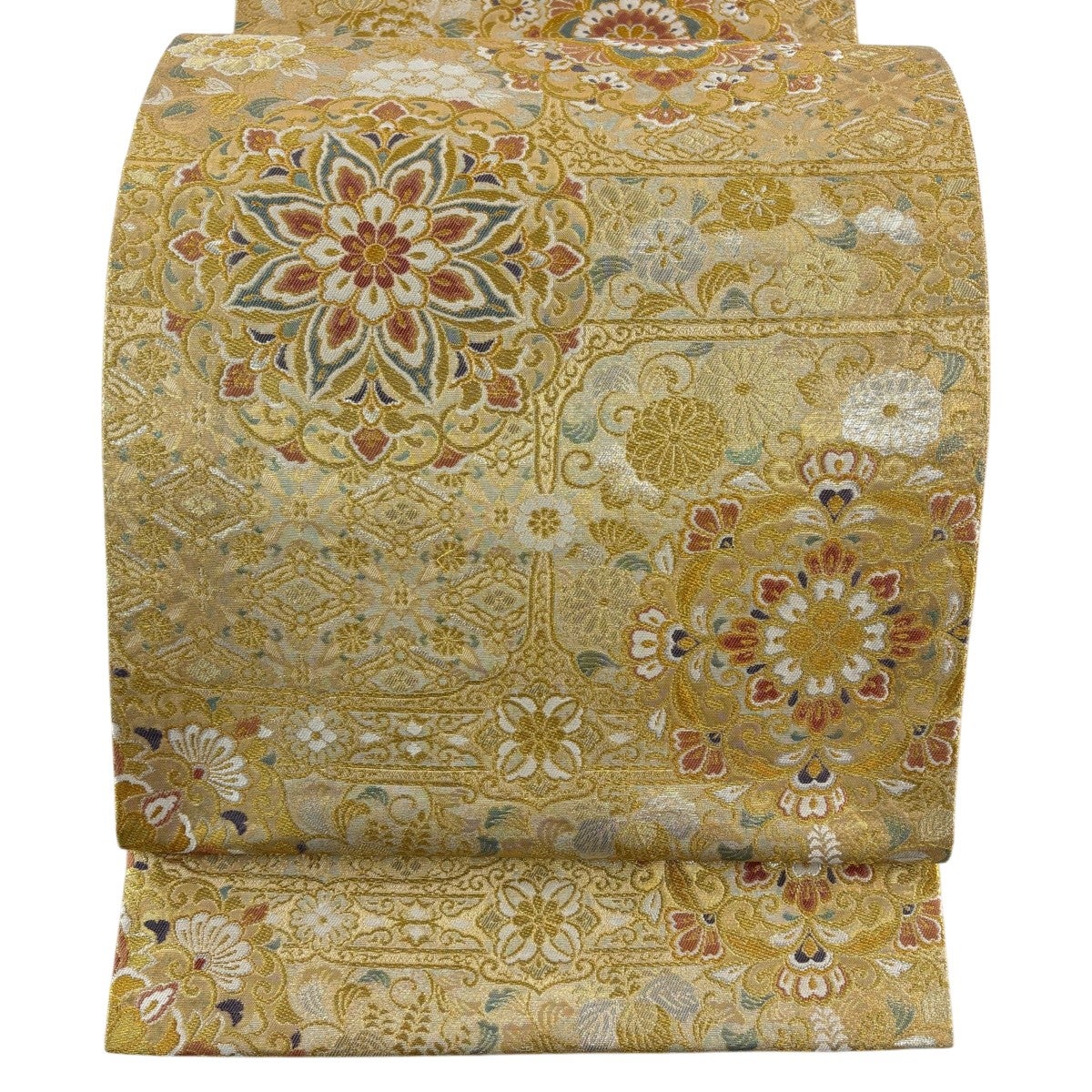 華やかな袋帯 クリーム色地 金糸唐織 美品】 袋帯 秀品 天平格天華文 華文 花唐草 金糸 金色 六通 正絹