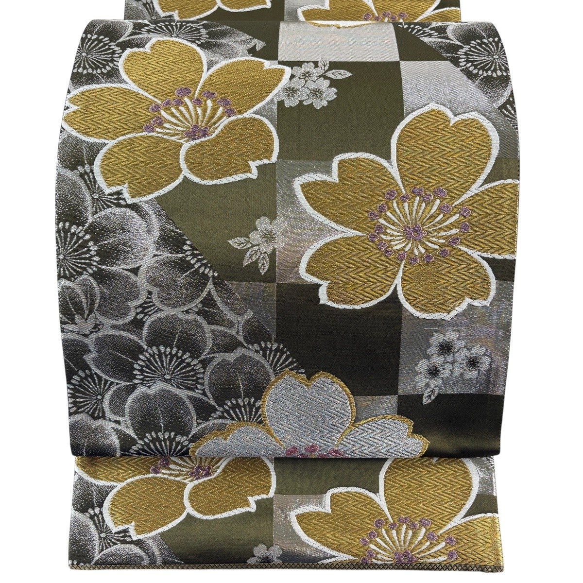 美品】 袋帯 秀品 振袖向き 桜 市松 金銀糸 箔 茶緑色 六通 正絹｜中古