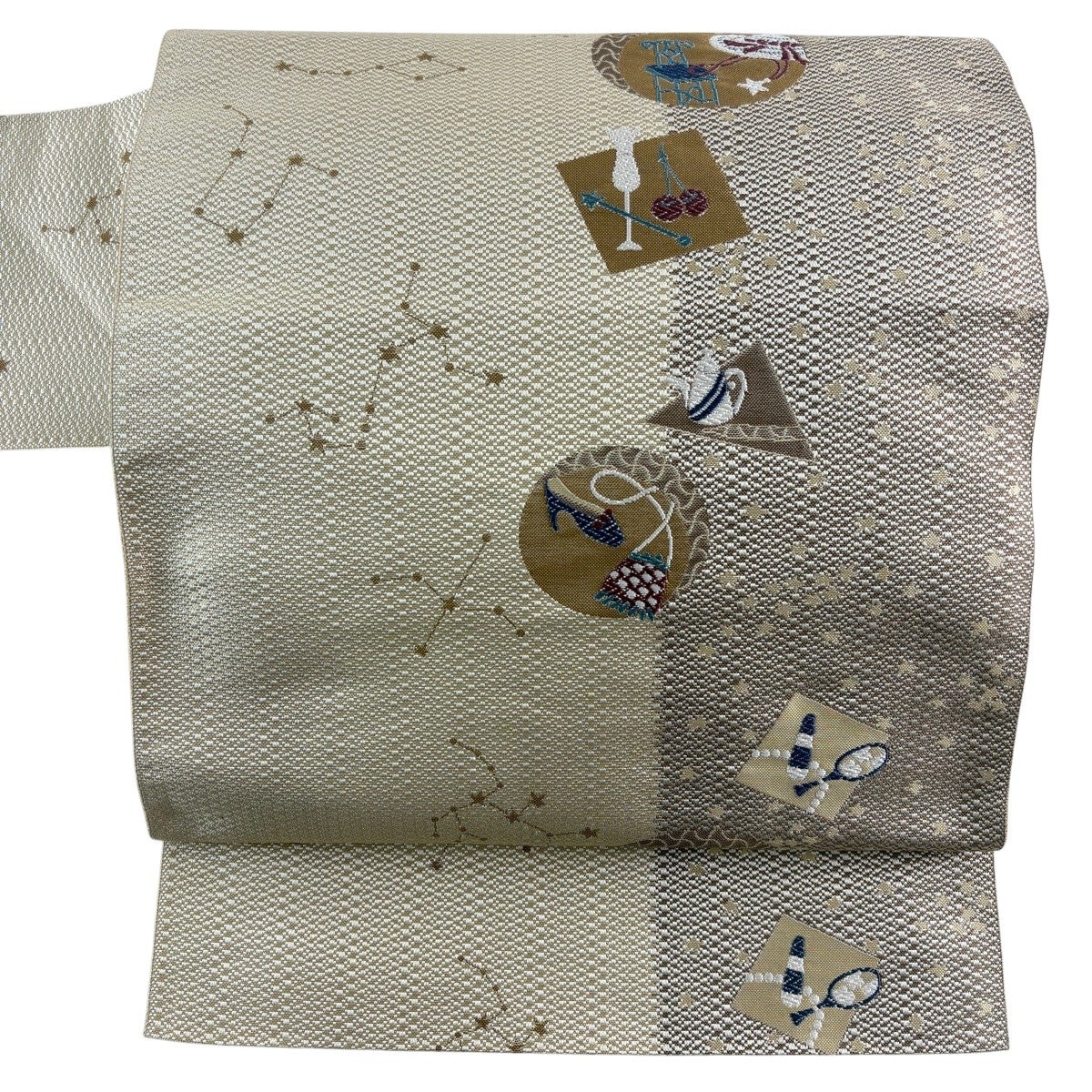 美品】 名古屋帯 秀品 八寸名古屋帯 星座 ベージュ 正絹｜中古・古着