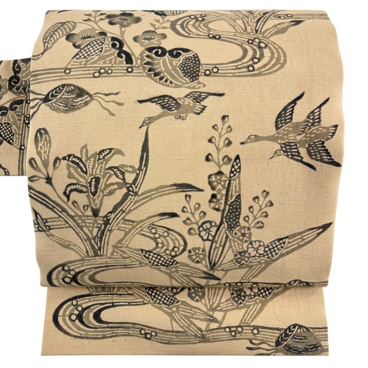 名古屋帯 秀品 紬地 鳥 草花 ベージュ 正絹｜中古・古着・リサイクル