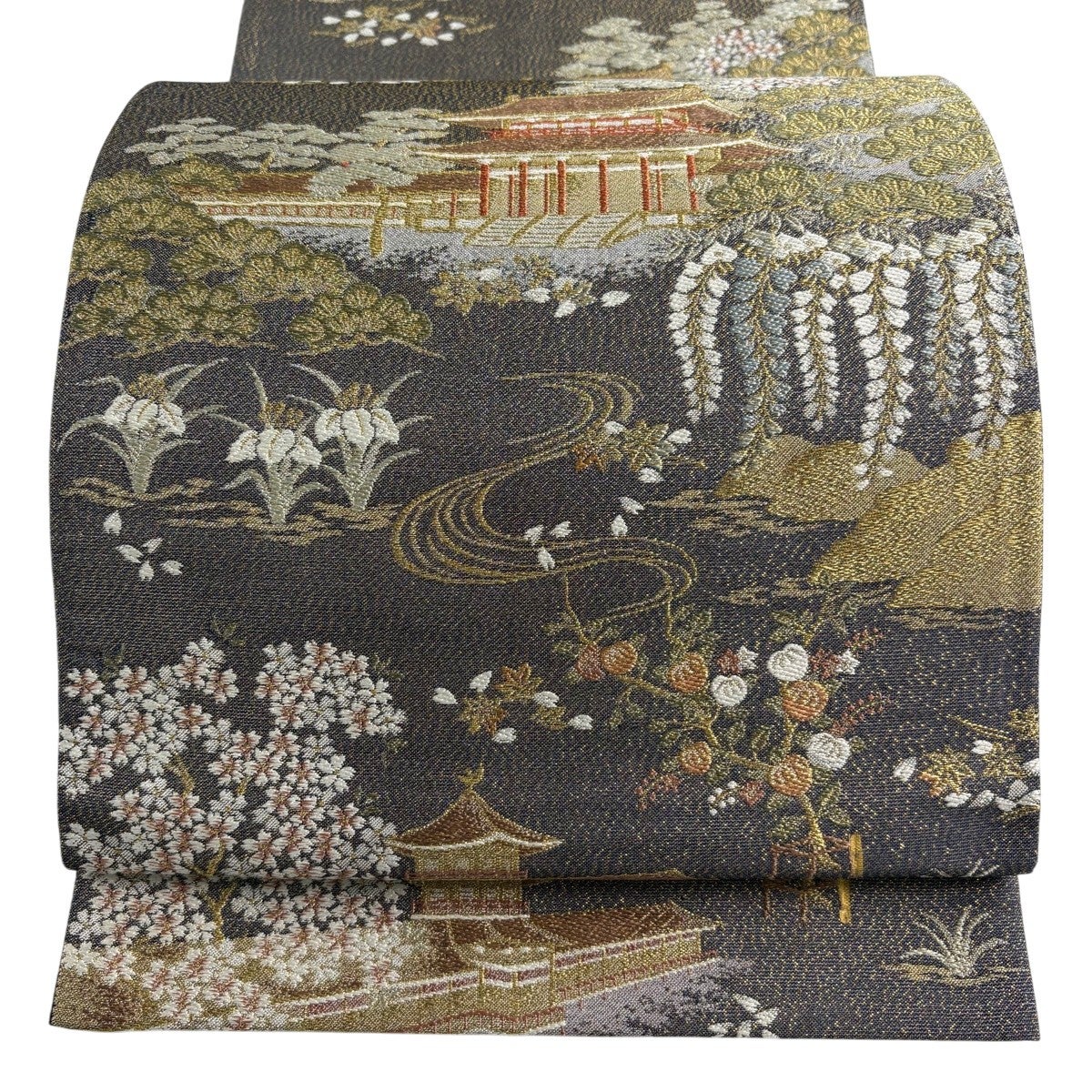 5ー15 　純金引箔袋帯 　平安神宮 美品】 袋帯 秀品 京の景 平安神宮 金通し 金銀糸 黒灰 六通 正絹