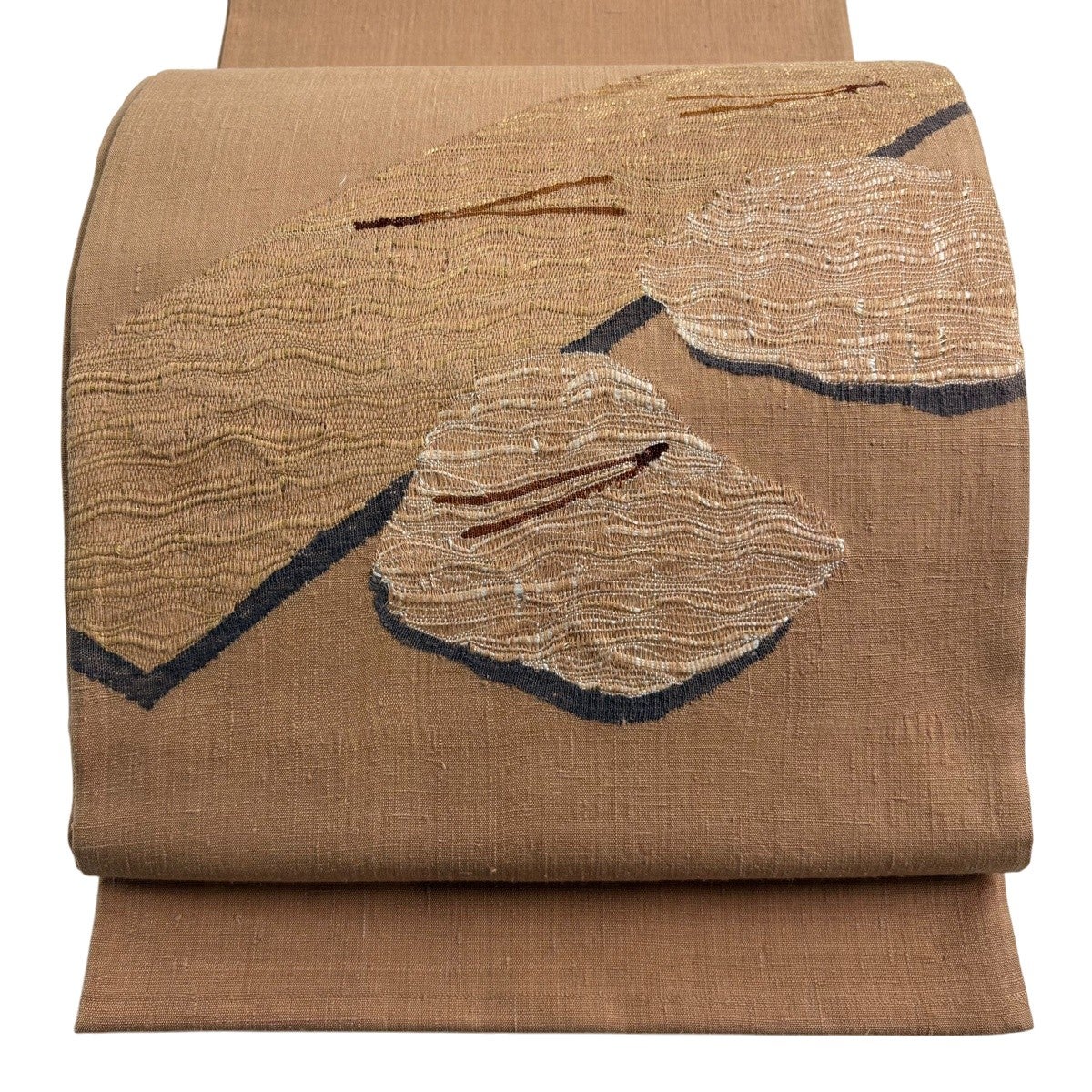 袋帯 秀品 紬地 松葉 幾何学模様 金通し 薄茶色 お太鼓柄 正絹｜中古