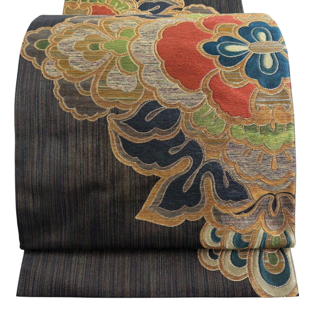 m805 玉蟲 華文　袋帯 六通 正絹 美品】 袋帯 秀品 華文 箔 金銀糸 焦茶色 六通 正絹｜中古・古着