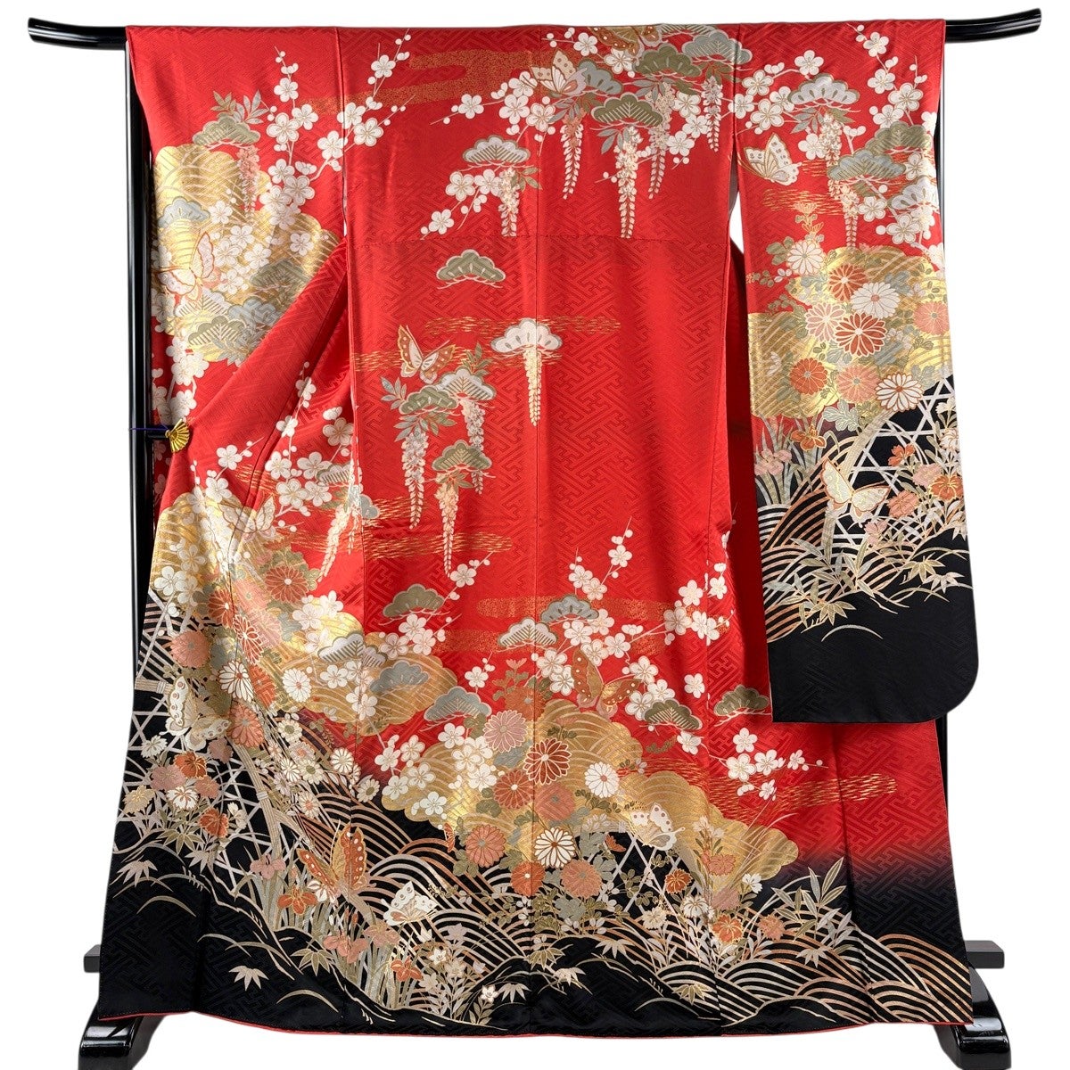 振袖 身丈168cm 裄丈67cm M 袷 菊 蝶 金彩 染め分け 赤 正絹 秀品