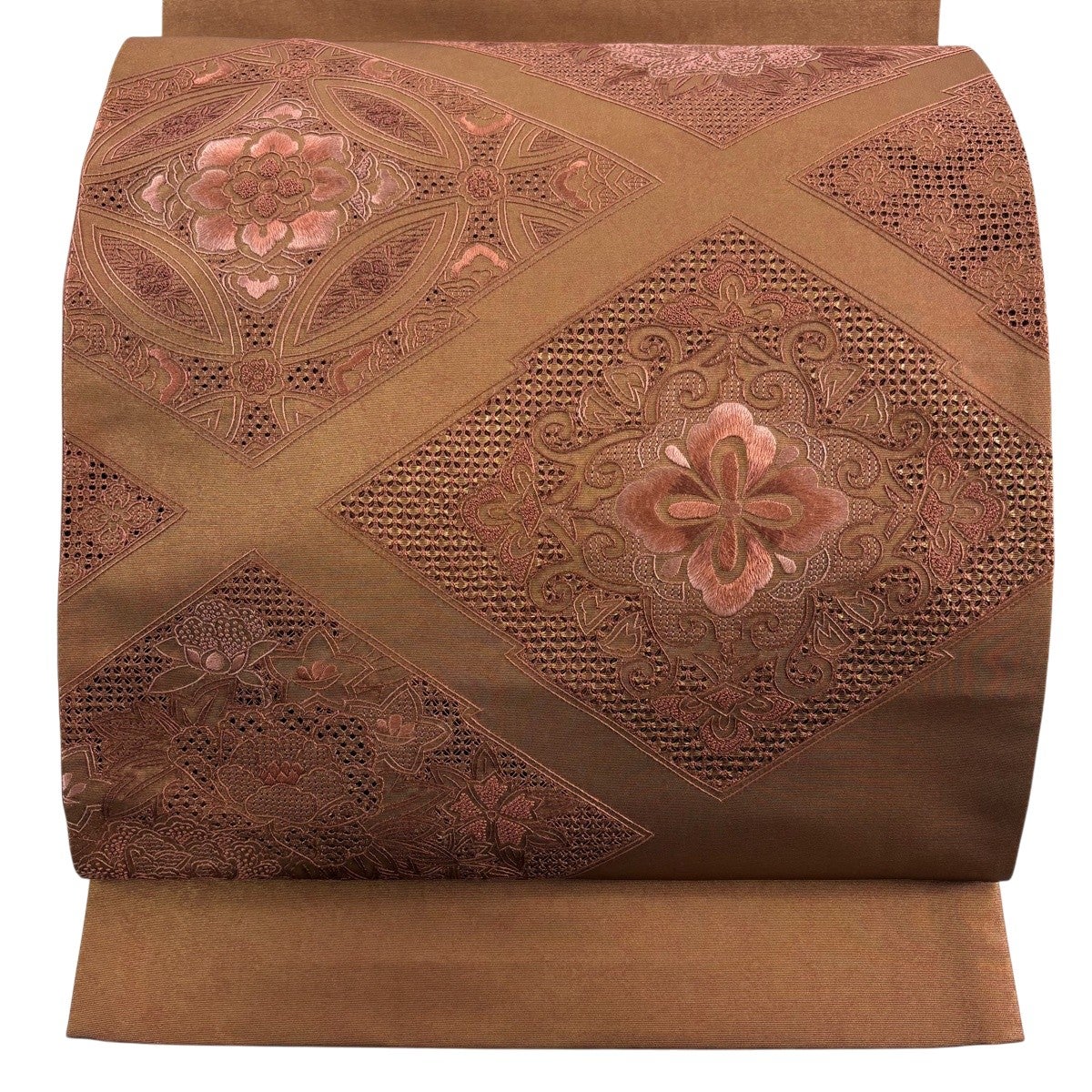 美品】 袋帯 秀品 七宝 花菱 刺繍 茶色 お太鼓柄 正絹｜中古・古着