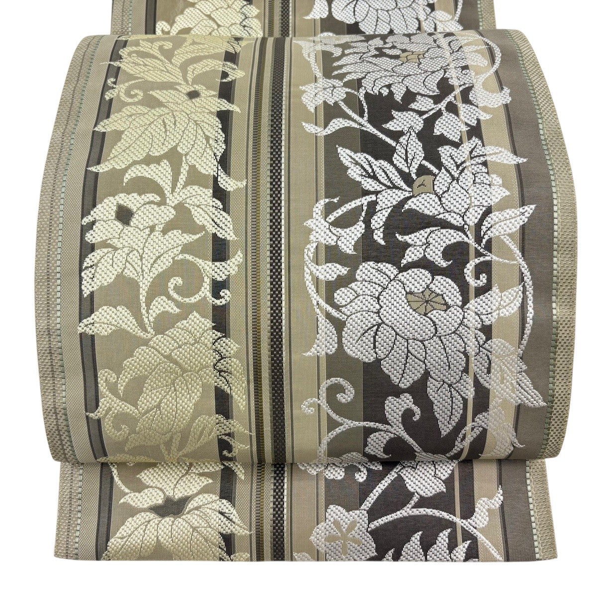 美品】 名古屋帯 逸品 八寸名古屋帯 松葉仕立て 花唐草 縞 灰緑 正絹