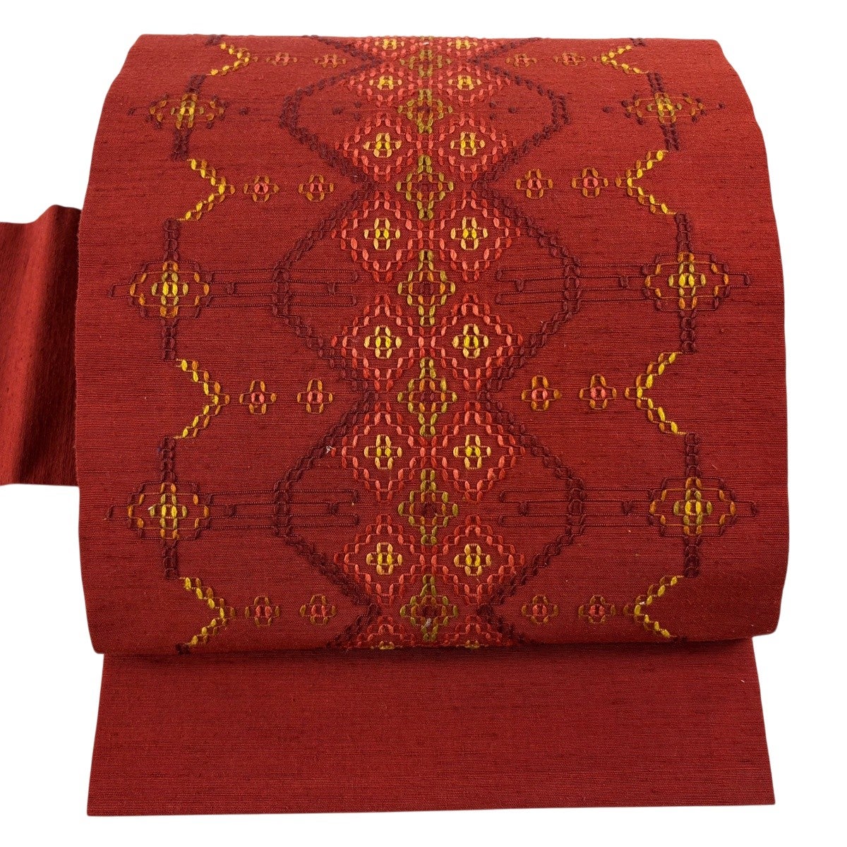 ここちゃん様　おまとめ　米沢紬　tj462 名古屋帯　正絹　金駒刺繍tj463 美品】 名古屋帯 逸品 紬地 菱 幾何学 茜色 正絹｜中古・古着