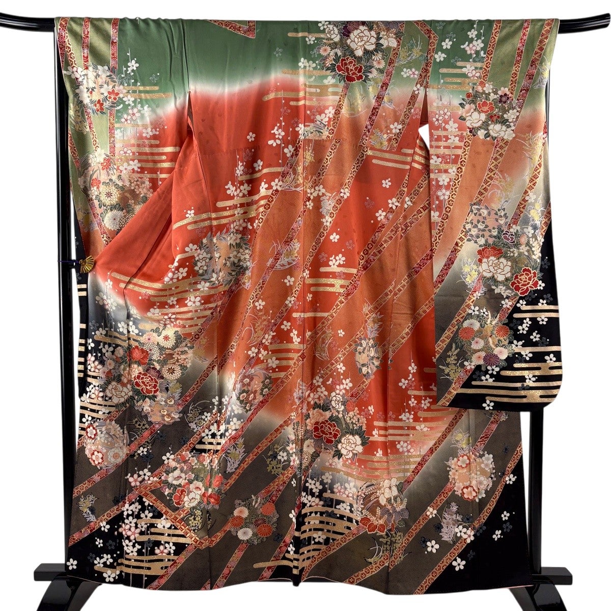 振袖 身丈163cm 裄丈68.5cm L 袷 尾長鳥 桜 金糸 金彩 茜色 正絹 秀品
