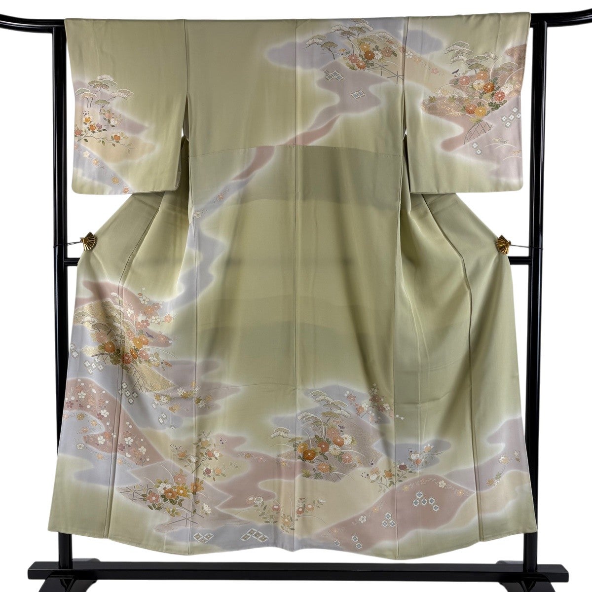 訪問着 身丈151cm 裄丈62cm S 袷 草花 霞 金糸 金彩 抹茶色 正絹 名品