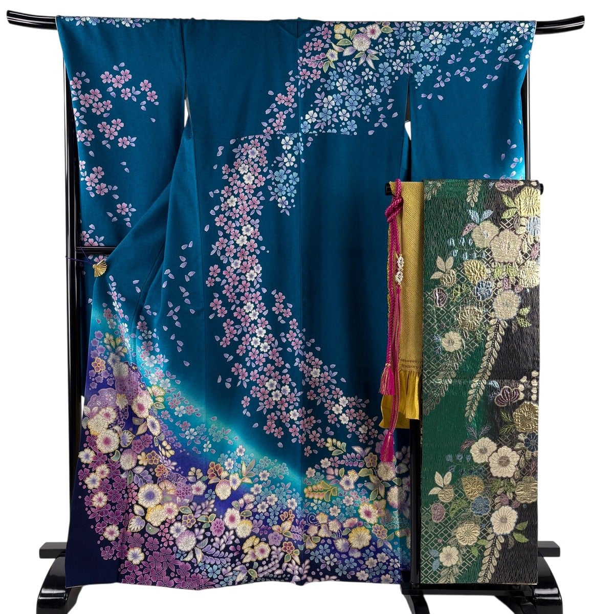 美品】 振袖 身丈167cm 裄丈69.5cm L 袷 袋帯フルセット 雪輪 草花
