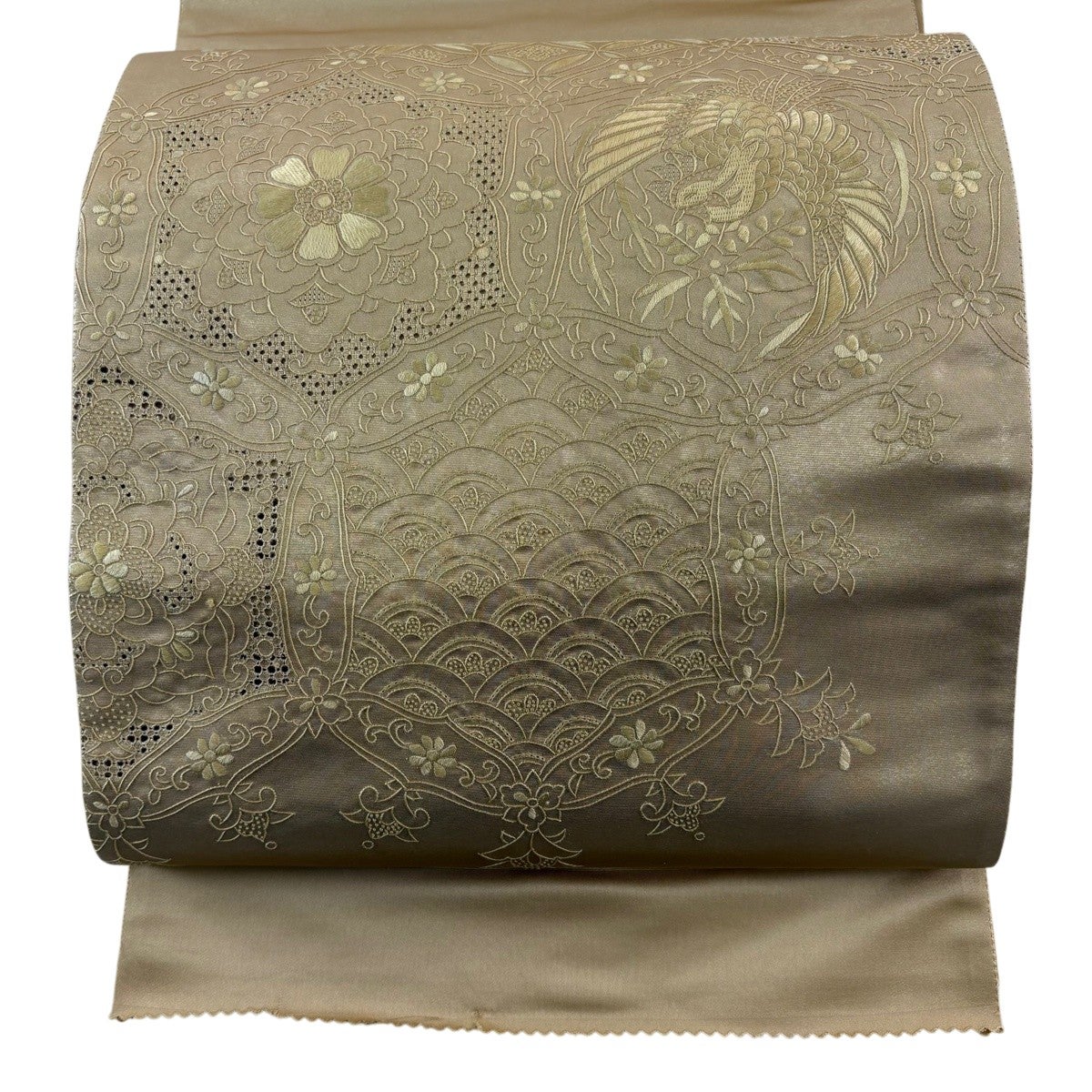 美品】 袋帯 名品 鳳凰 華文 蘇州刺繍 箔 金色 お太鼓柄 正絹｜中古