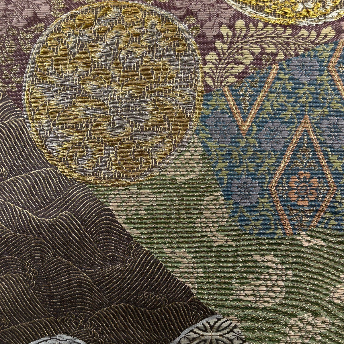美品】 袋帯 名品 丸文 草花 金銀糸 箔 濃紫 六通 正絹｜中古・古着