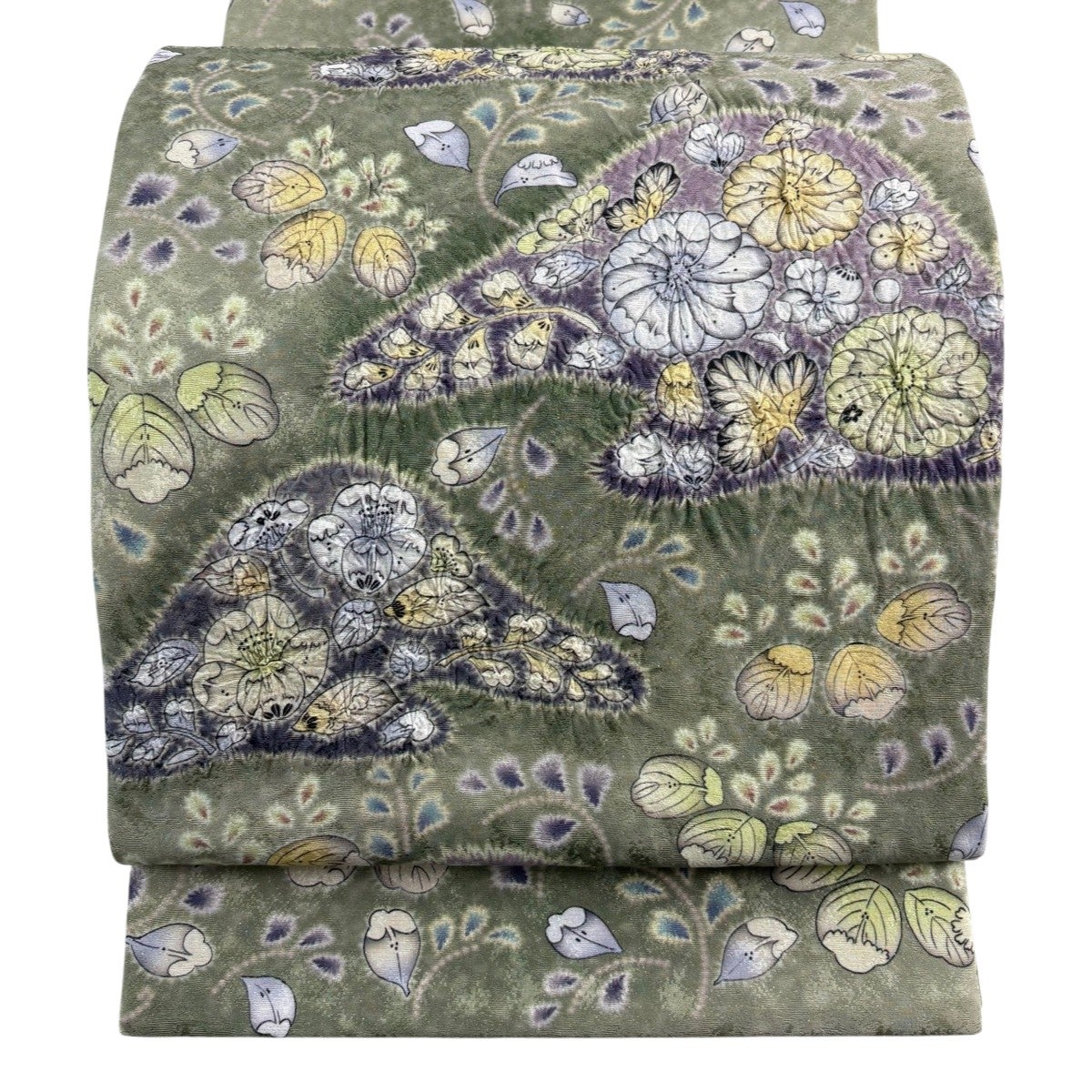 美品】 袋帯 名品 辻が花 銀通し ぼかし よもぎ色 全通 正絹｜中古