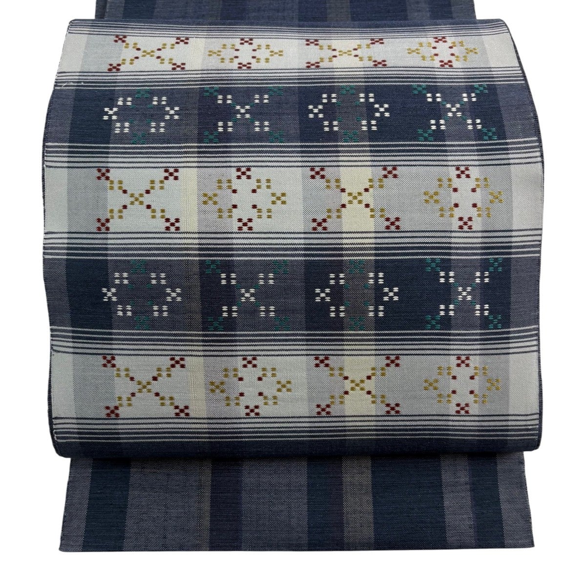 美品】 名古屋帯 名品 八寸名古屋帯 松葉仕立て トンネル仕立て 幾何学