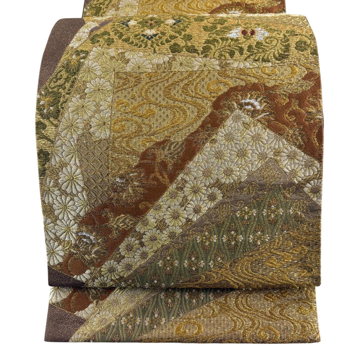 美品】 袋帯 名品 華文 菊 金糸 箔 茶紫 六通 正絹｜中古・古着