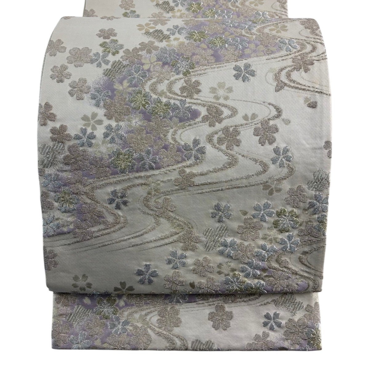 袋帯 名品 桜 流水 金銀糸 クリーム 六通 正絹｜中古・古着