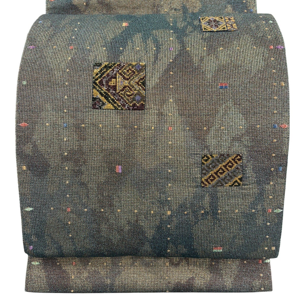 美品】 袋帯 名品 幾何学模様 箔 金糸 灰緑 お太鼓柄 正絹｜中古・古着