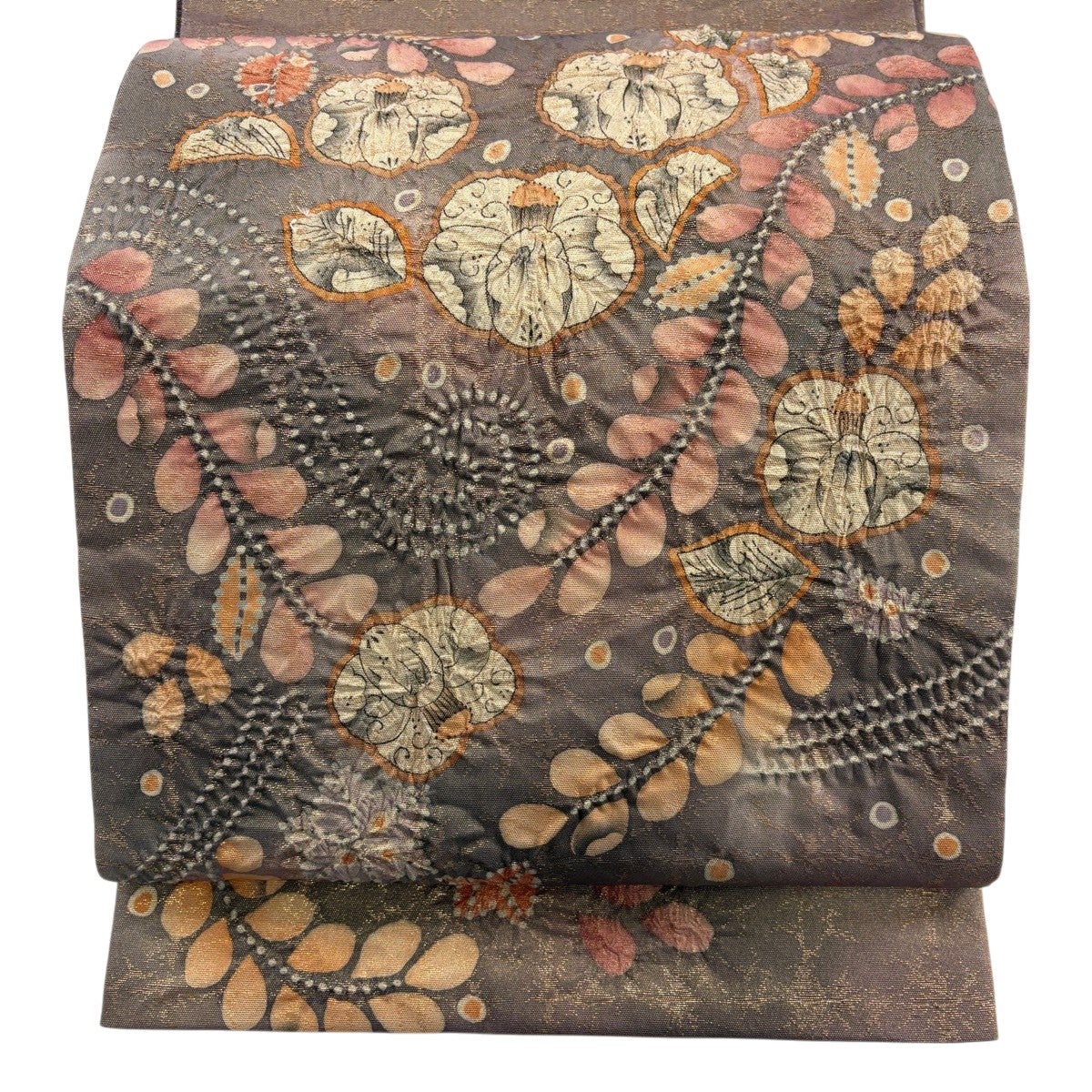 美品】 袋帯 名品 落款あり 辻が花 箔 金糸 灰紫 お太鼓柄 正絹｜中古