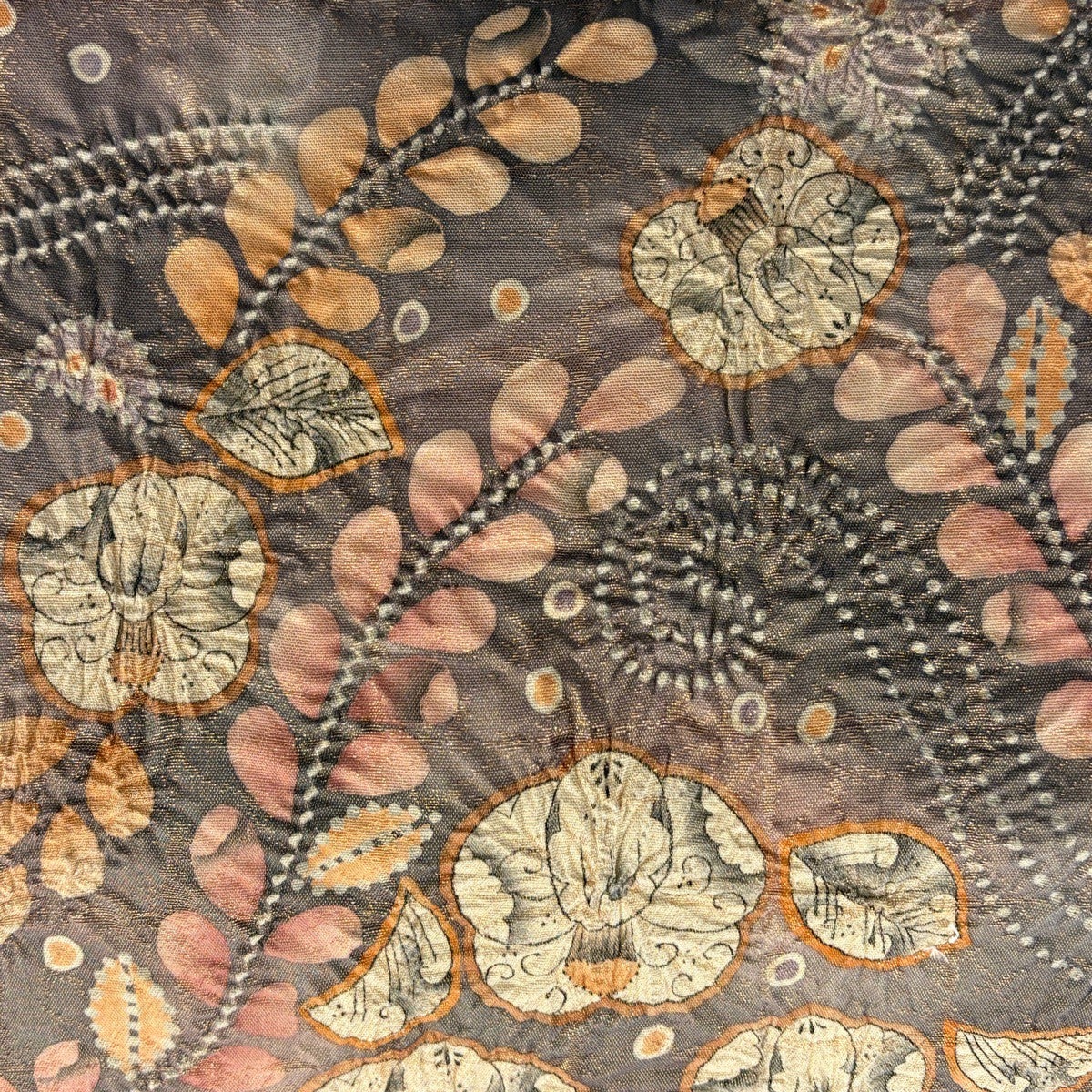 美品】 袋帯 名品 落款あり 辻が花 箔 金糸 灰紫 お太鼓柄 正絹｜中古