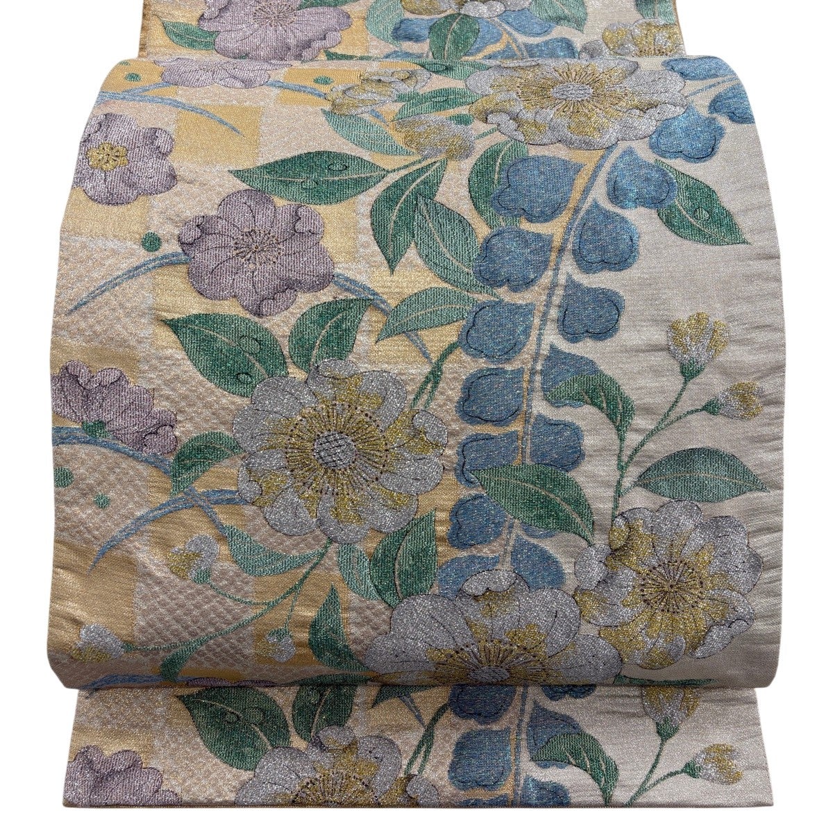 袋帯 六通 茶地 辻ヶ花 正絹 袋帯 名品 辻が花柄 市松 箔 金色 六通 正絹｜中古・古着・リサイクル