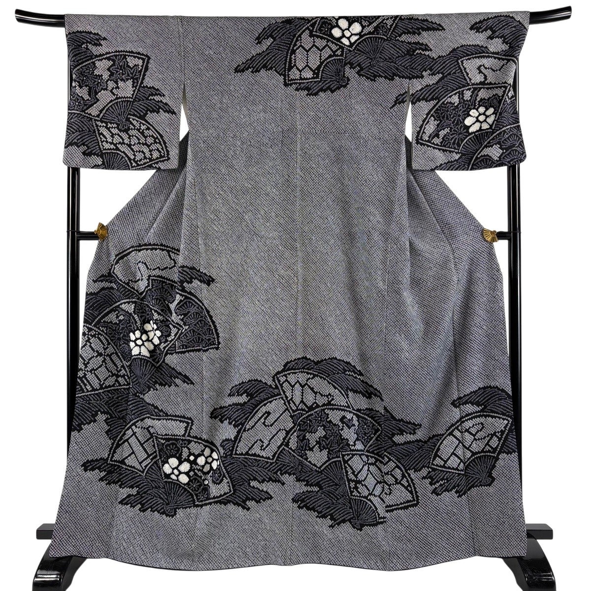美品】 訪問着 身丈165cm 裄丈65cm M 袷 枝梅 草花 総絞り 黒灰 正絹