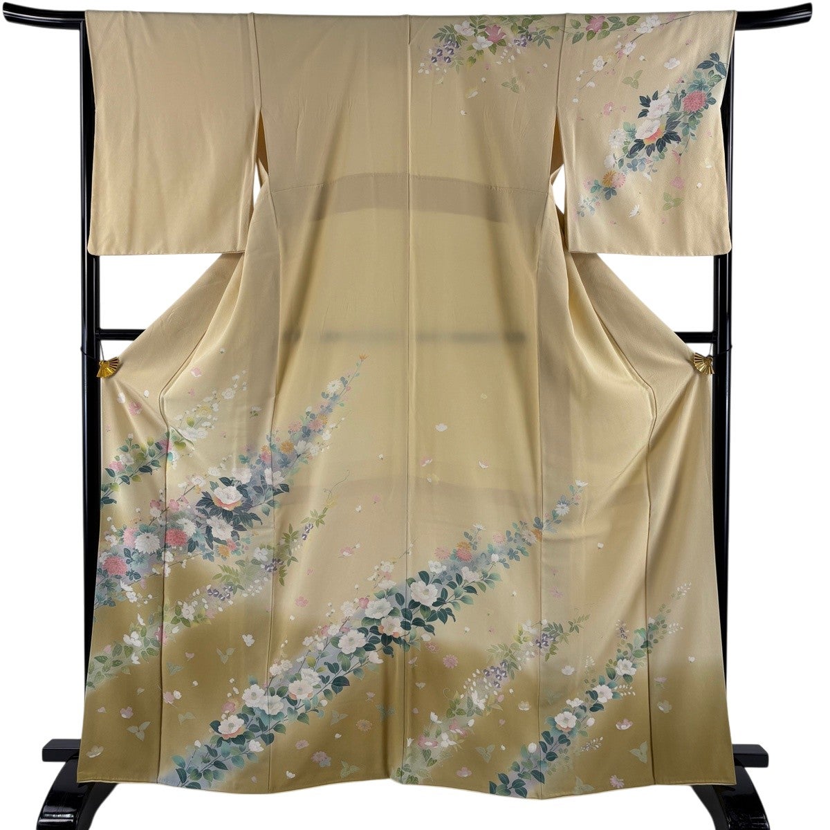 訪問着 身丈164.5cm 裄丈67cm M 袷 牡丹 菊 ぼかし ベージュ 正絹 名品