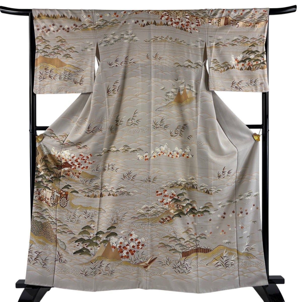 訪問着 身丈162.5cm 裄丈66.5cm M 袷 御所車 松竹梅 金彩 灰茶 正絹