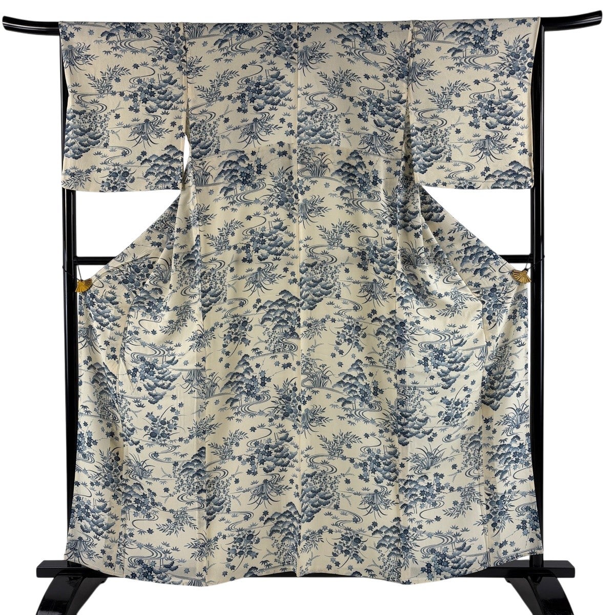 美品】 小紋 身丈160cm 裄丈65cm M 薄物 経絽 草花 流水 クリーム 正絹