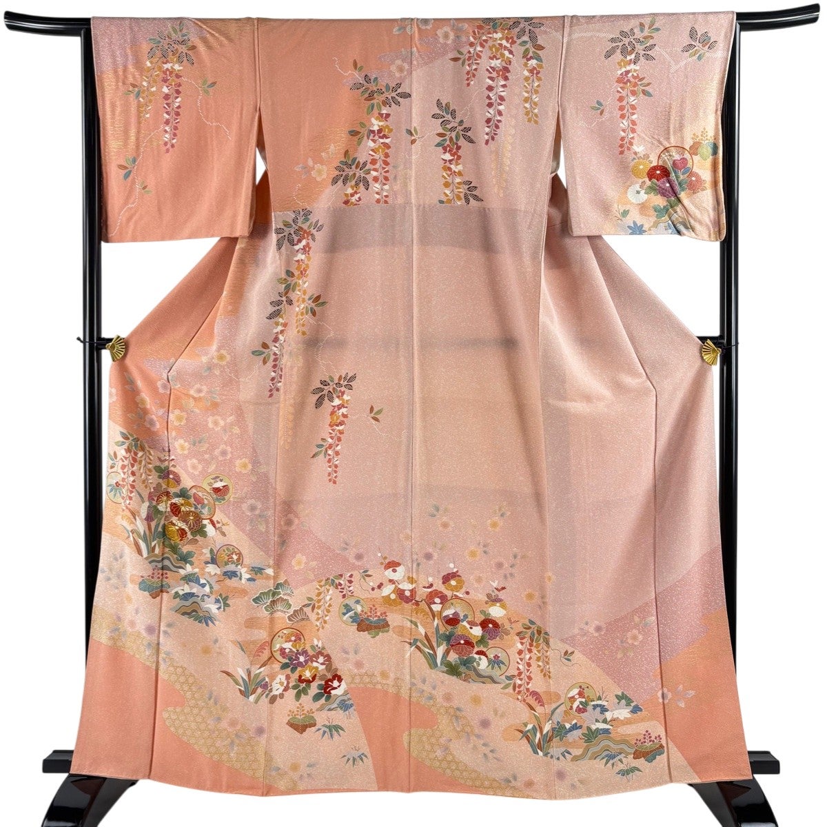 訪問着 身丈159cm 裄丈65cm M 袷 霞 草花 金彩 ぼかし サーモンピンク