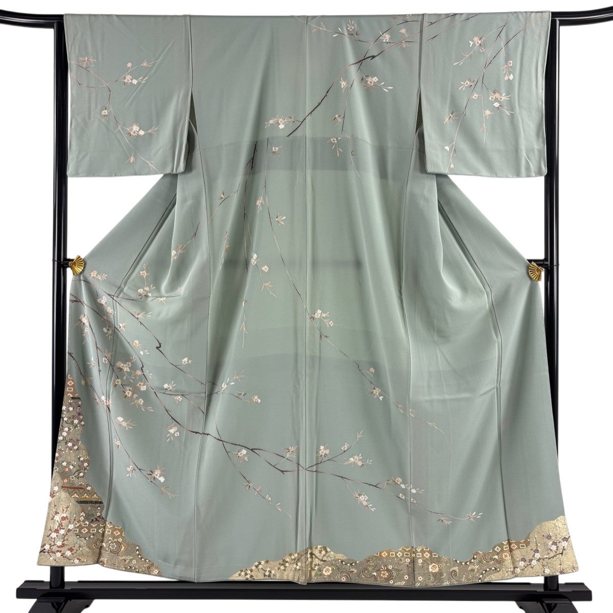 訪問着 身丈162.5cm 裄丈66.5cm M 袷 華文 流水 刺繍 金糸 灰緑 正絹