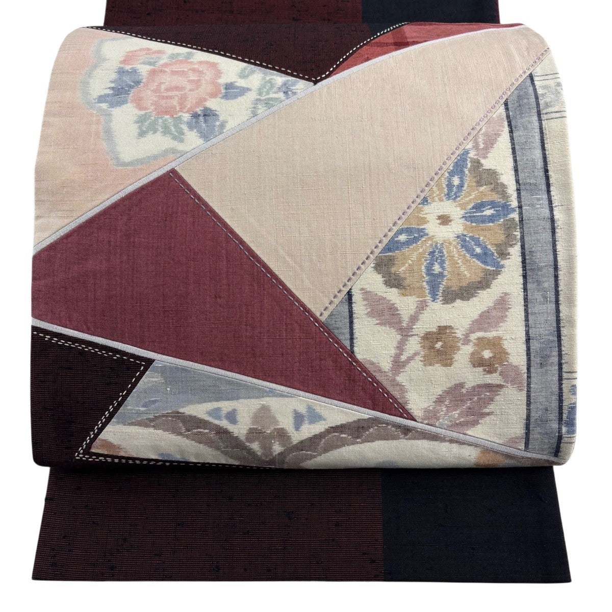 美品】 袋名古屋帯 優品 草花 切嵌 刺し子刺繍 赤紫 正絹｜中古・古着