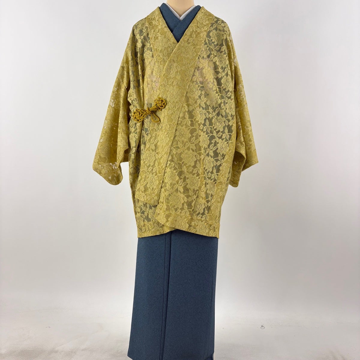 美品】 道中着 身丈89cm 裄丈68cm L 和装コート 草花 からし色 正絹