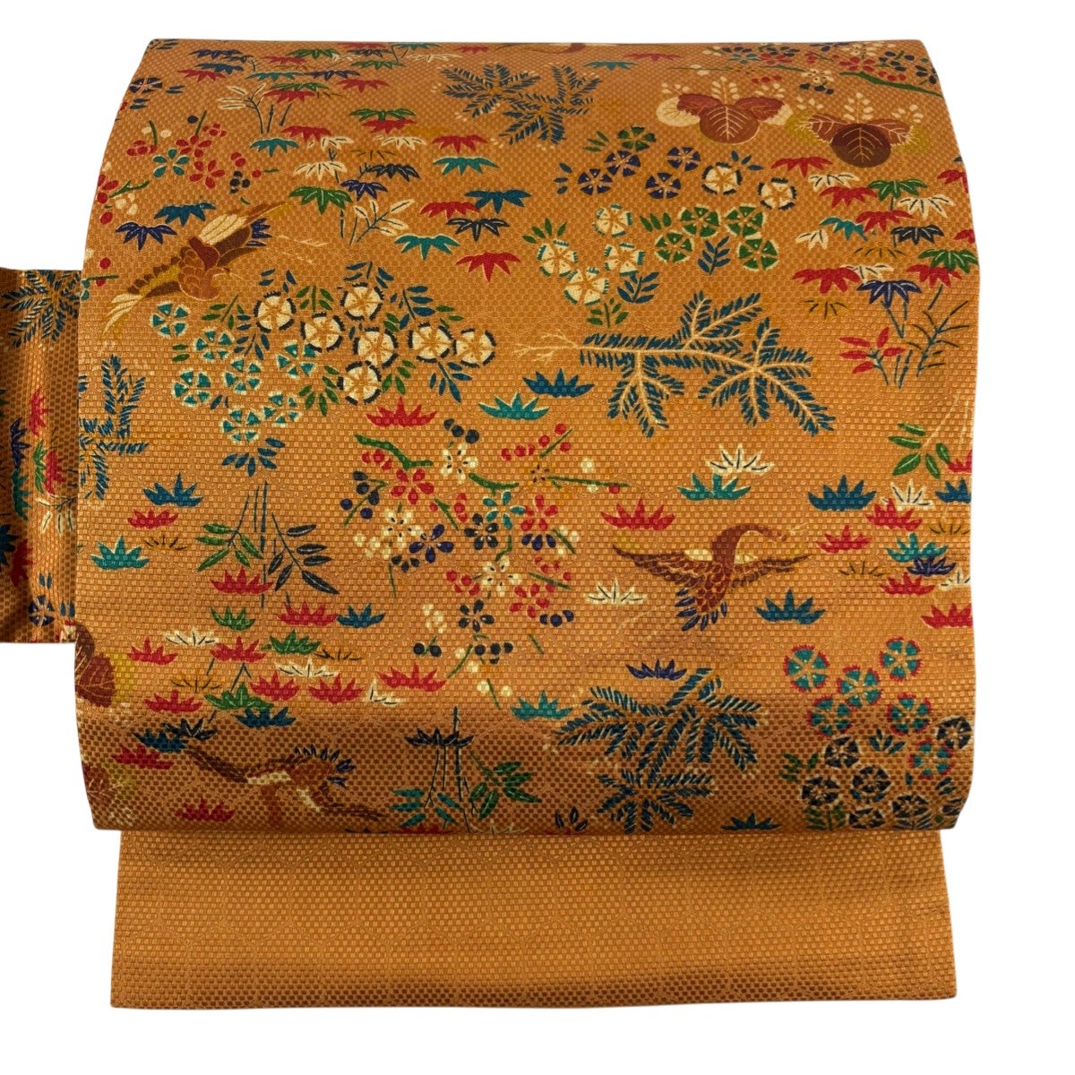 m317 菊 刺繍 名古屋帯 正絹 茶系 名古屋帯 秀品 落款あり 伊勢型染 菊 笹 縮緬 灰緑 正絹｜中古・古着