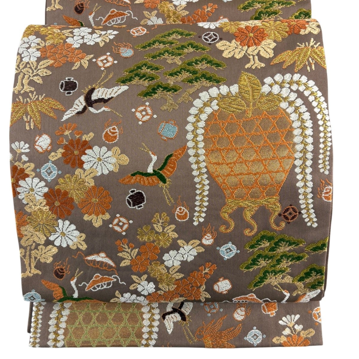 袋帯 秀品 華文 花唐草 蘇州刺繍 青灰色 お太鼓柄 正絹｜中古・古着