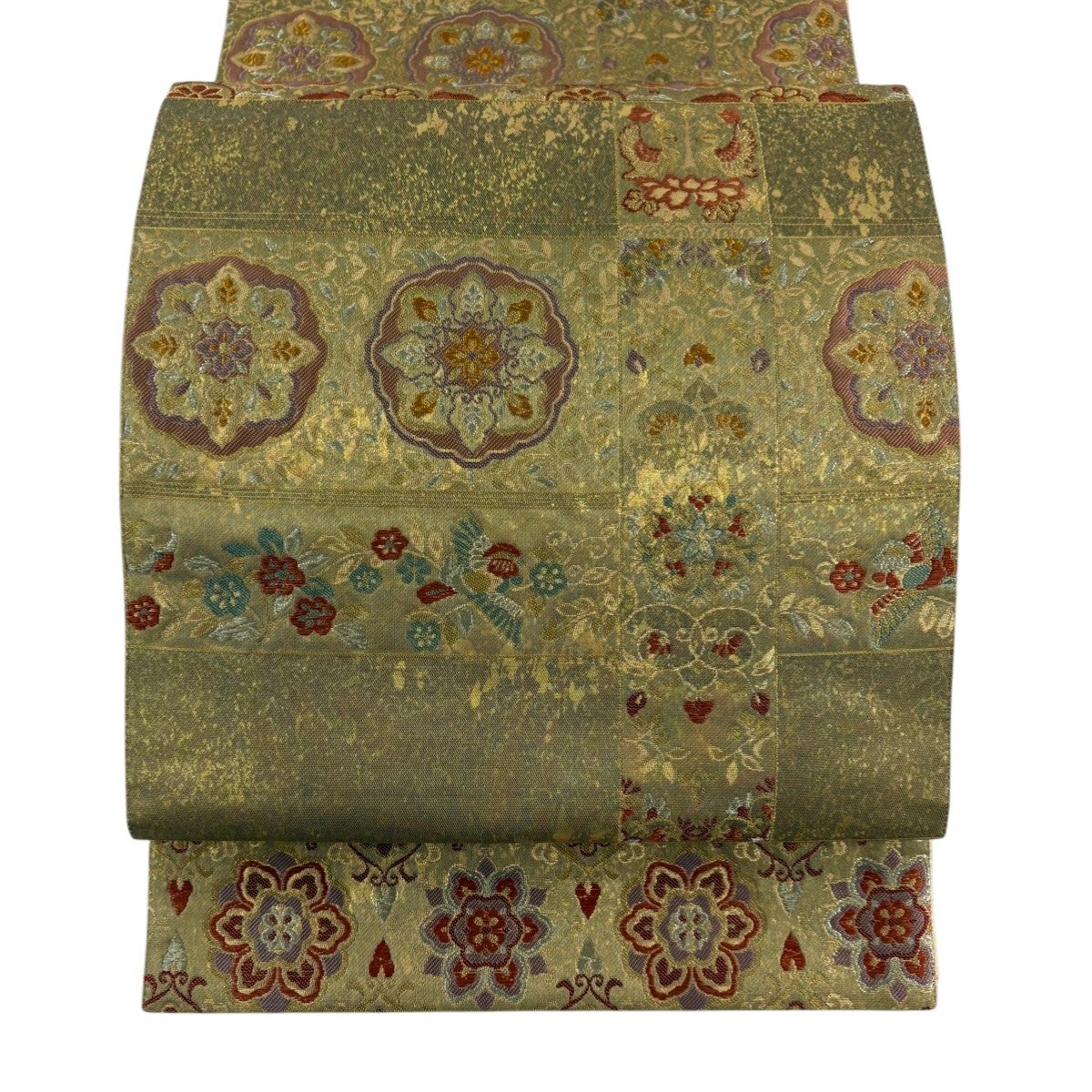 袋帯　フォーマル　正絹　六通柄　蜀江花文　金糸　箔 美品】 袋帯 秀品 蜀江文 花鳥 金糸 箔 金色 六通 正絹｜中古・古着