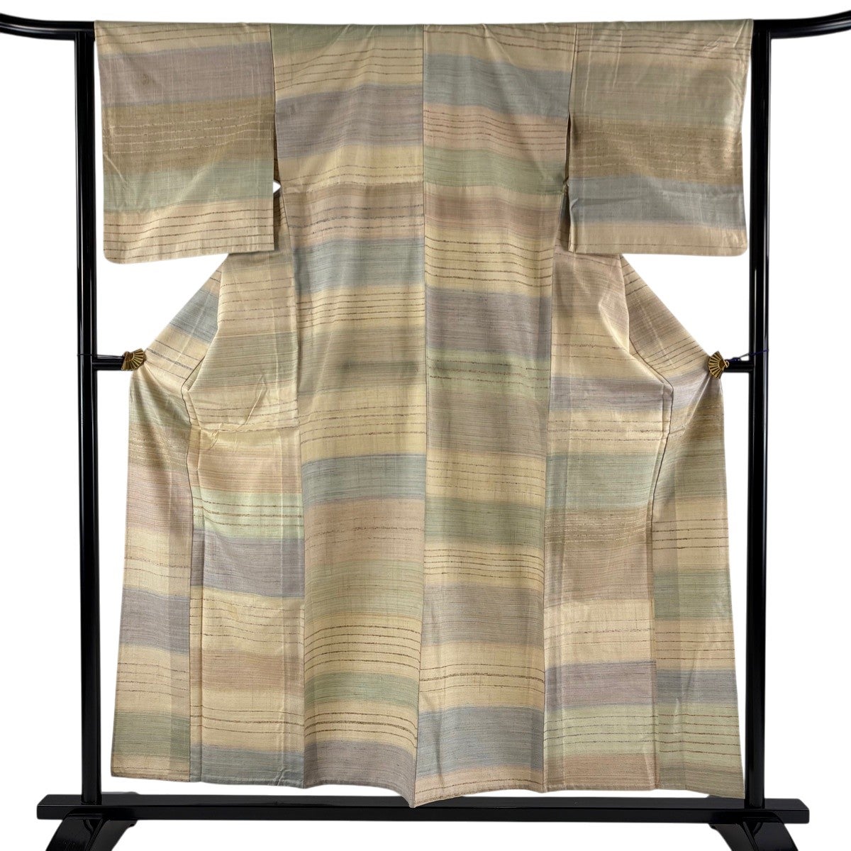 美品】 紬 身丈158cm 裄丈64cm M 単衣 草花 縞 灰紫 正絹 秀品｜中古