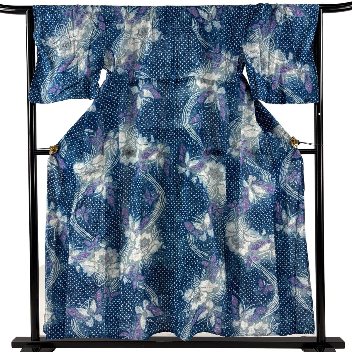 浴衣 身丈153cm 裄丈66cm M 絞り浴衣 蝶 草花 藍色 綿 名品｜中古