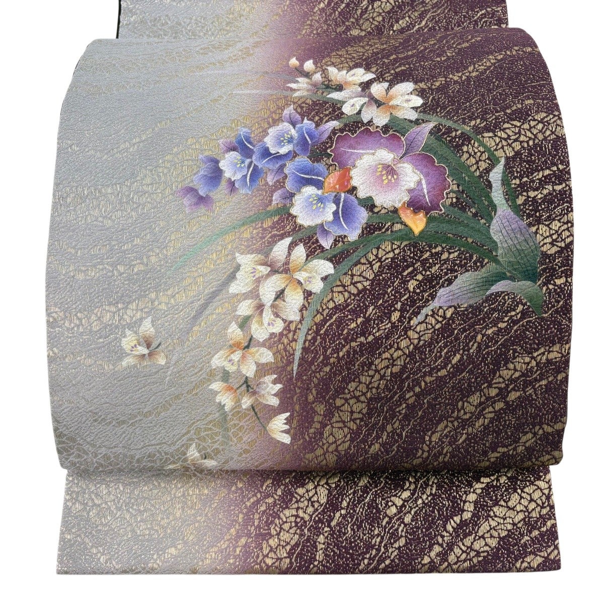 美品】 袋帯 名品 渡文 落款あり リバーシブル 草花 金糸 茜色 お太鼓