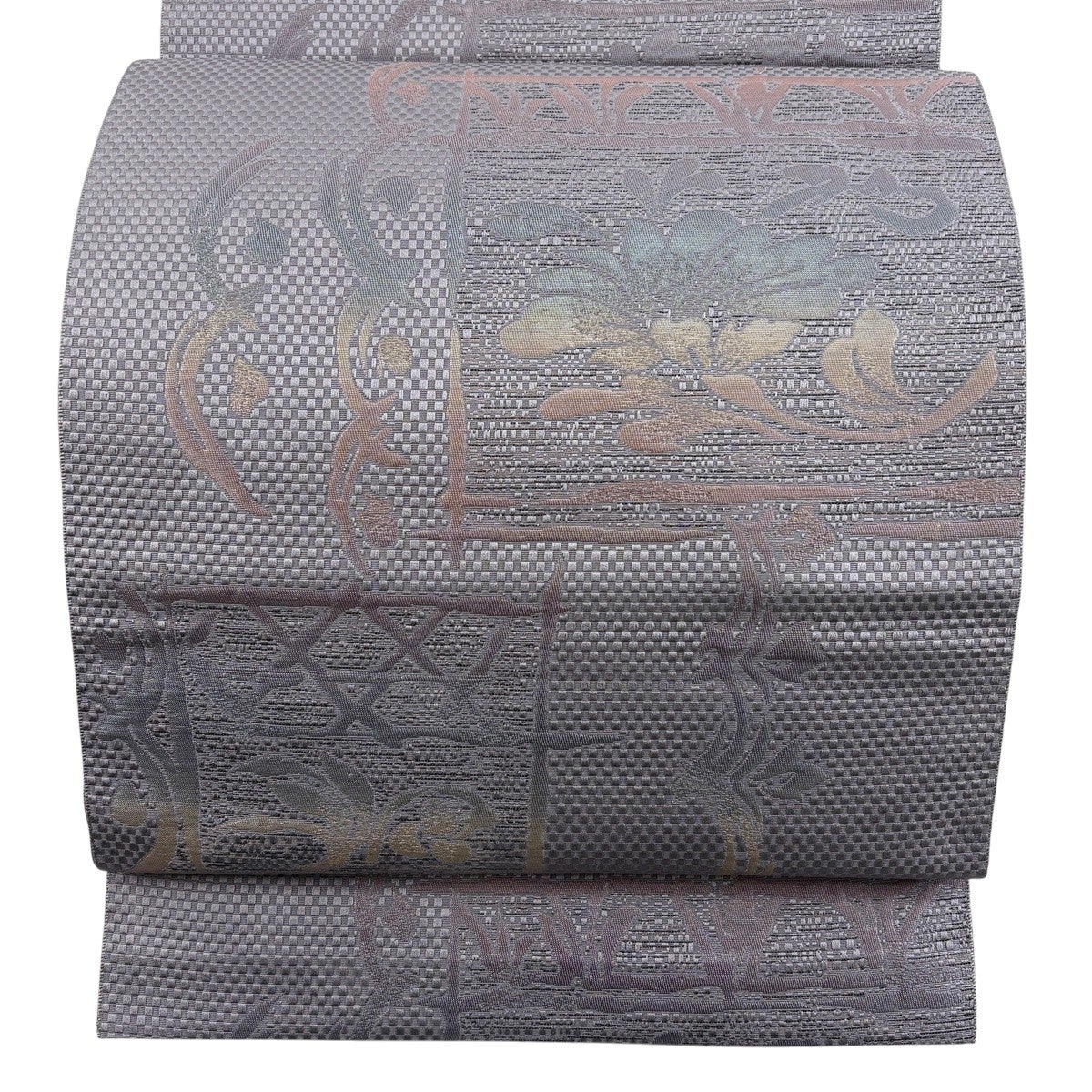 美品 博多織 八寸名古屋帯 グレー系 350 31 松葉仕立 名古屋帯 秀品 八寸名古屋帯 松葉仕立て 草花 市松 箔 灰紫 正絹｜中古