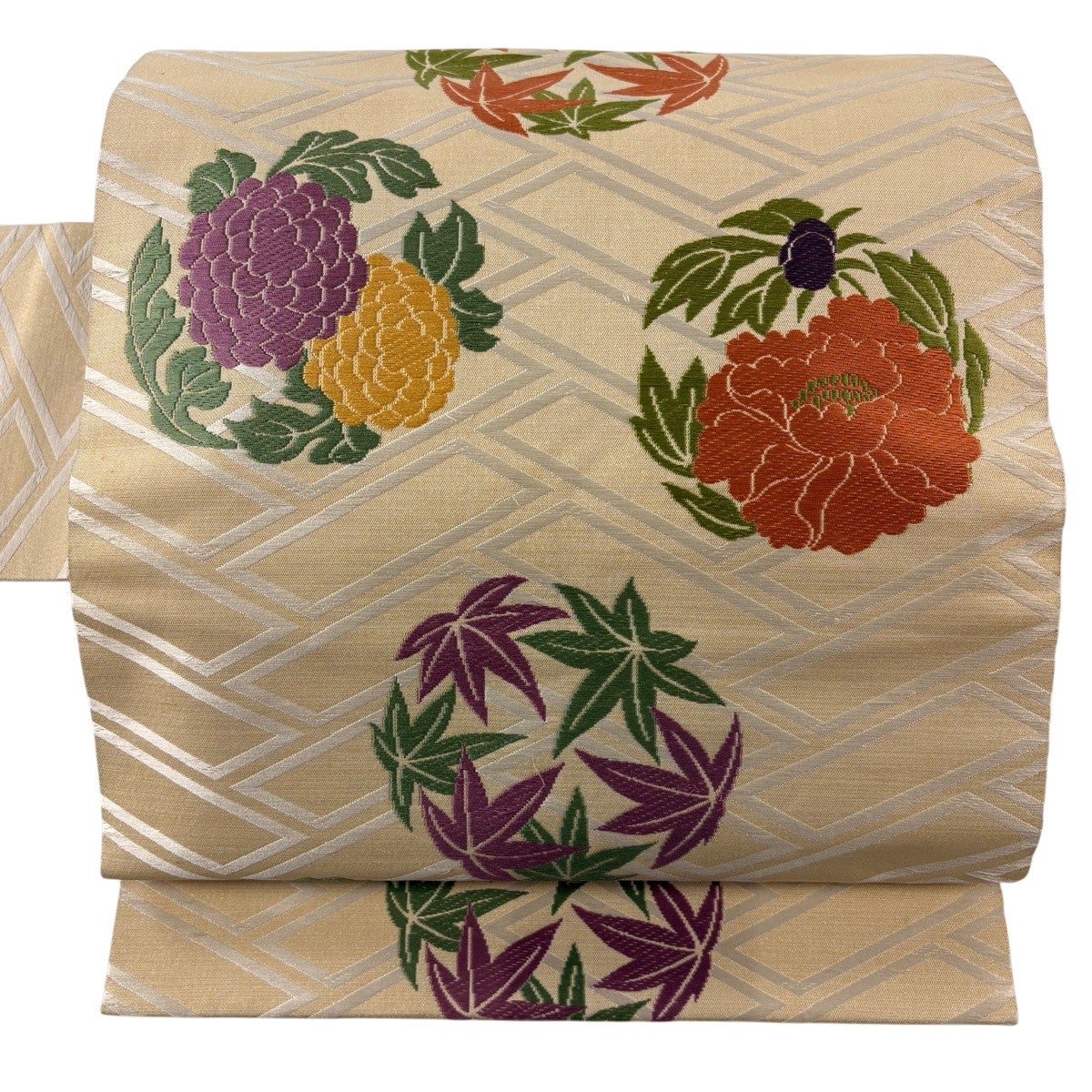 名古屋帯 逸品 喜多川平朗 花丸文 草花 金糸 唐織 金色 正絹｜中古