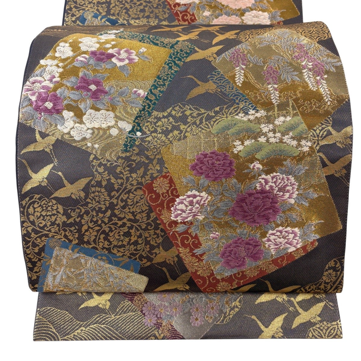 美品】 袋帯 逸品 じゅらく 落款あり 帝王紫 草花 色紙 金銀糸 箔 灰紫
